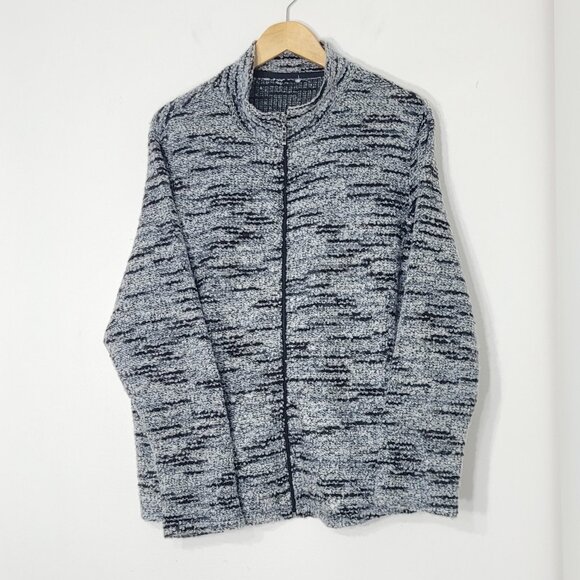 Women's Black & Gray Marled Long Sleeve High Neck Full Zip-Up Comfy Sweater - Picture 1 of 10